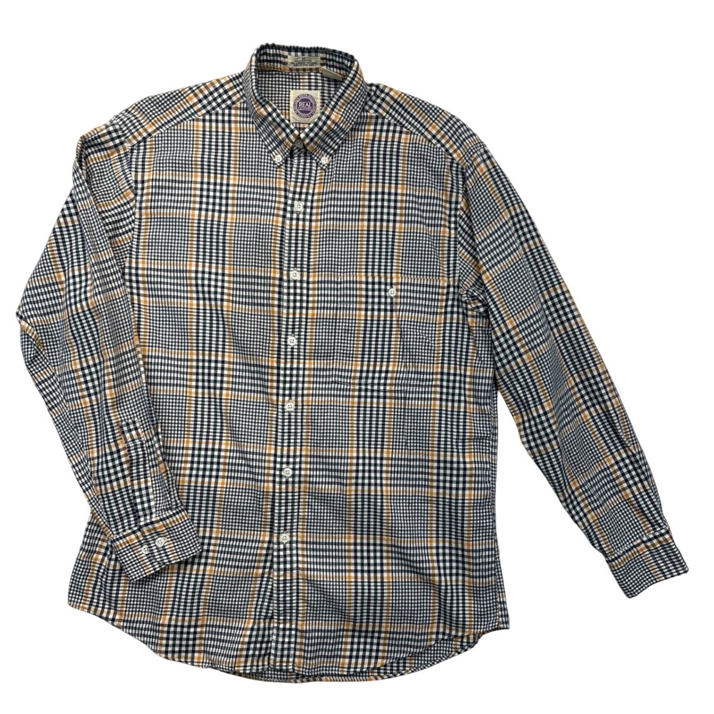 Saks Fifth Avenue Real Clothes Shirt Mens M Navy Yellow Plaid Button Down Cotton